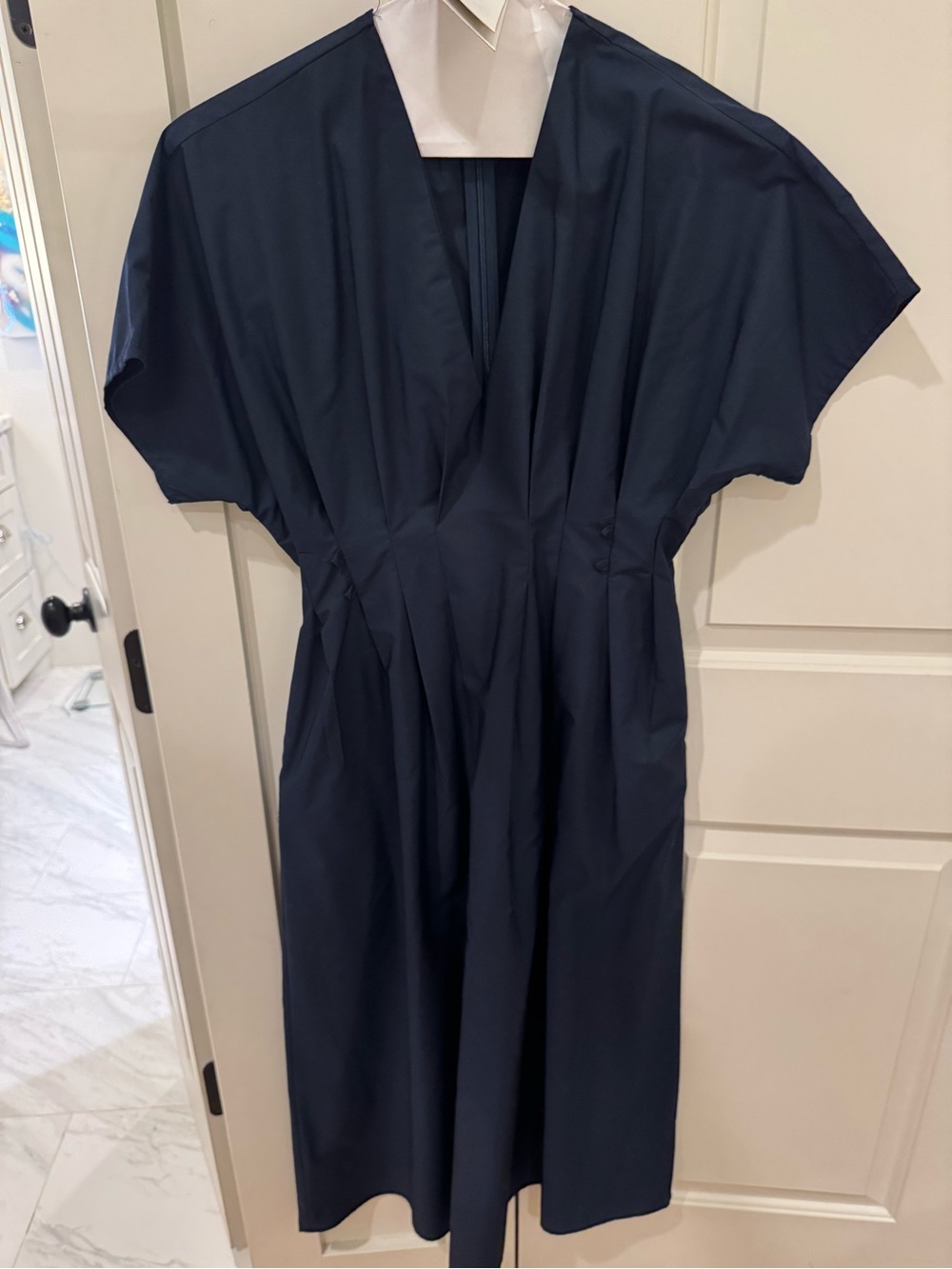 Women's Navy V-Neck Pleated Midi Dress